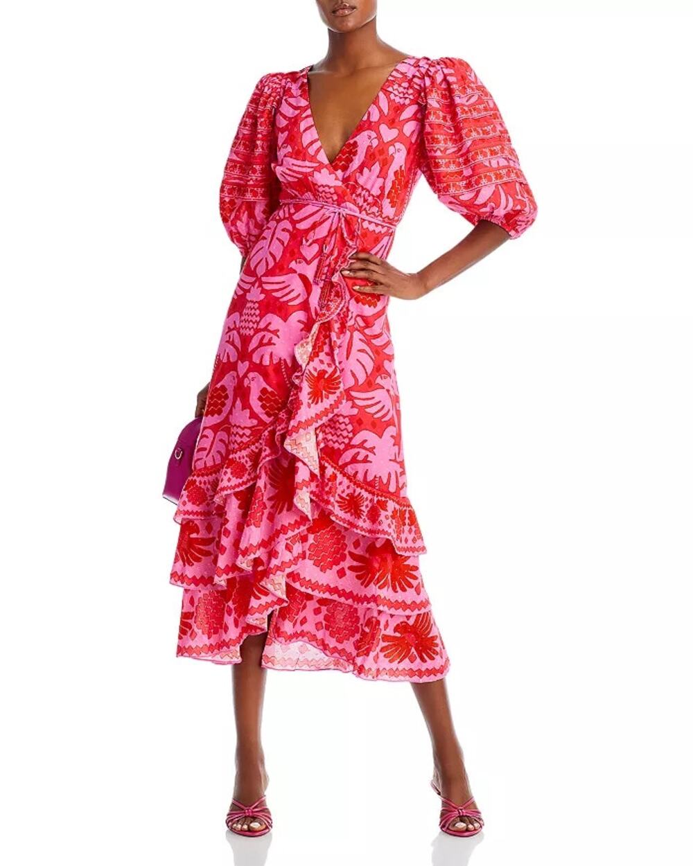 FARM Rio Jungle Puffed Sleeve Tiered Midi Wrap Dress Red Pink Women's Size XXS